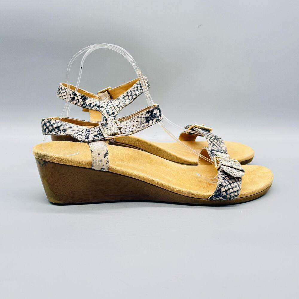 Vionic Sandals Womens 11 Beige Black Snake Print Nellie Wedge Comfort Shoes